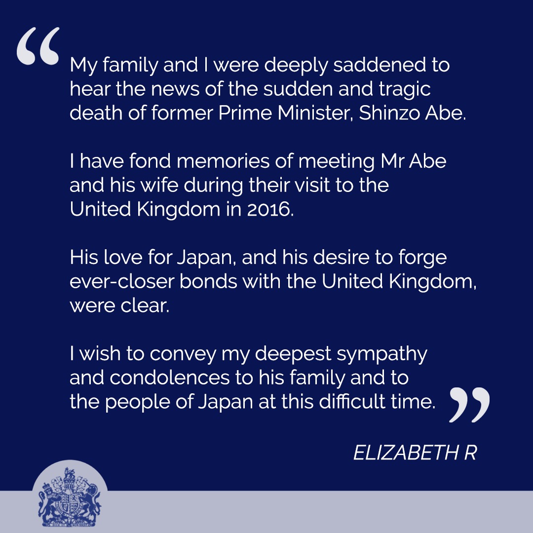 Queen Elizabeth reacts to the murder of former prime minister of Japan