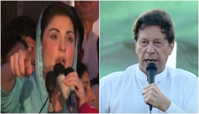 PML-N Vice President Maryam Nawaz and PTI Chairman Imran Khan addressing a public gathering in Lahore and Faisalabad, respectively, on July 15, 2022. — YouTube screengrab/Hum News Live