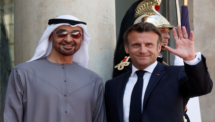 French President Emmanuel Macron welcomes UAE President Sheikh Mohammed bin Zayed al-Nahyan as he arrives for a meeting at the Elysee Palace in Paris, France, July 18, 2022. —REUTERS/Benoit Tessier