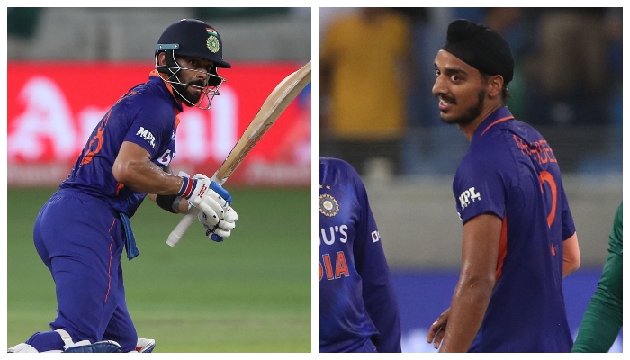 Indias Virat Kohli plays a shot during the Asia Cup Twenty20 international cricket Super Four match between India and Pakistan at the Dubai International Cricket Stadium in Dubai on September 4, 2022 (left) and Indias Arshdeep Singh celebrates after dismissing Pakistans Asif Ali during the Asia Cup Twenty20 international cricket Super Four match between India and Pakistan at the Dubai International Cricket Stadium in Dubai on September 4, 2022. — AFP