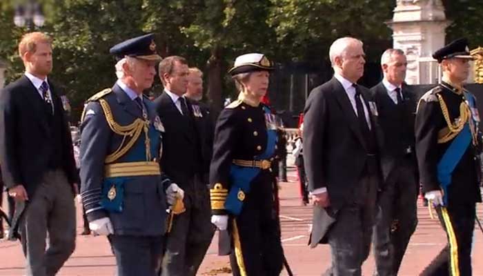 Prince Andrew and Harry join other royals as Queens coffin leaves Buckingham Palace