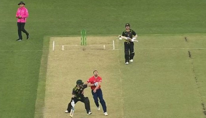 Australia’s Matthew Wade obstructs the field as England’s Mark Wood attempts to take a catch to dismiss the batter in the series-opening T20I match in Perth. — Screengrab/Twitter