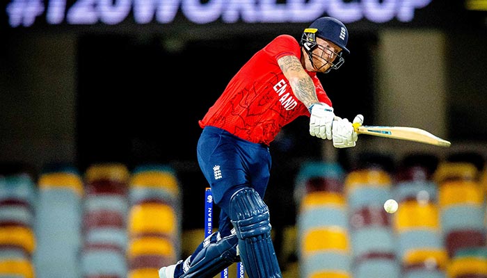 Englands Ben Stokes plays a shot during the ICC mens Twenty20 World Cup 2022 cricket warm-up match between Pakistan and England at the Gabba in Brisbane on October 17, 2022. — AFP