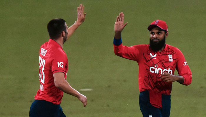 Englands Adil Rashid and Mark Wood celebrate. — Twitter