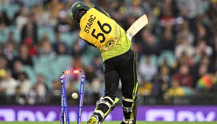 Australia´s Mitchell Starc is bowled during the ICC menâ€™s Twenty20 World Cup 2022 cricket match between Australia and New Zealand at the Sydney Cricket Ground (SCG) in Sydney on October 22, 2022.-AFP