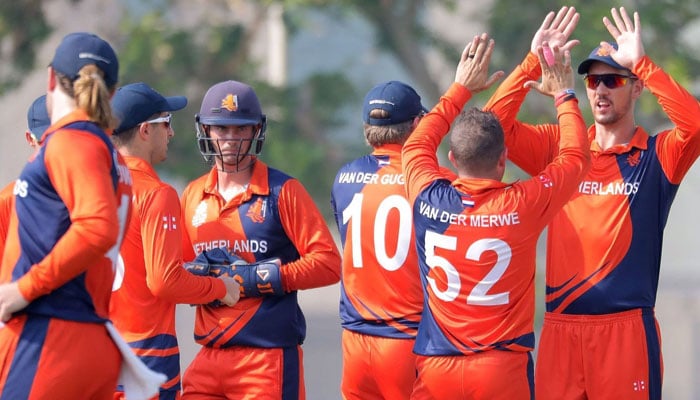 Dutch cricket team celebrates a wicket at a T20 World Cup match. — ICC