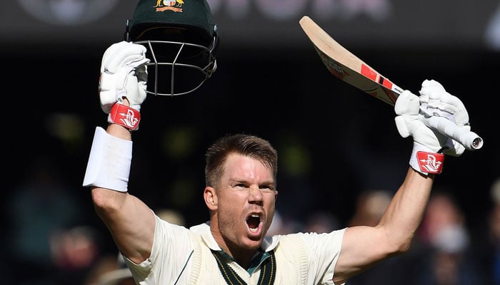 Australian batsman David Warner celebrates reaching his triple century (300 runs) during day two of the second Test match between Australia and Pakistan in Adelaide. Photo: AFP/File