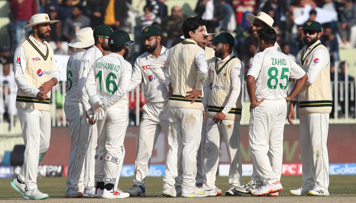 The Pakistan team can be seen on the filed during the first day of the first cricket Test match between Pakistan and England at the Rawalpindi Cricket Stadium, in Rawalpindi on December 4, 2022. — Twitter/@TheRealPCB