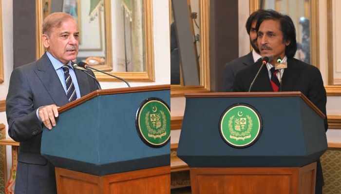 Prime Minister Shehbaz Sharif addresses the reception dinner for England and Pakistan Cricket Teams (L) and PCB Chairman Ramiz Raja at the PM House in Islamabad on December 5, 2022. — Twitter/@pmln_org