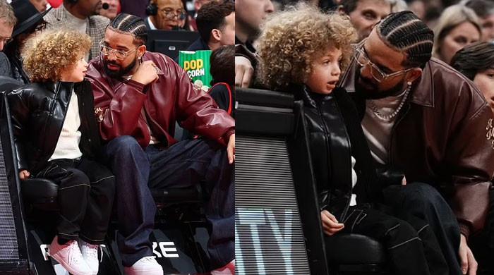 Drake and son Adonis, 5, match in leather jackets at basketball game