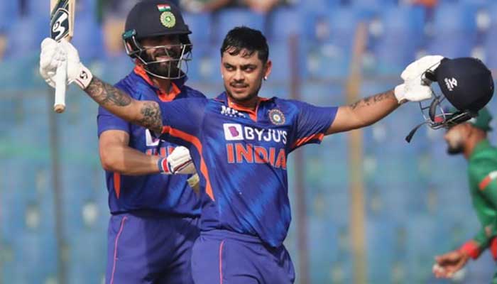 Indian batter Ishan Kishan celebrates after scoring a century.— Twitter/BCCI/File