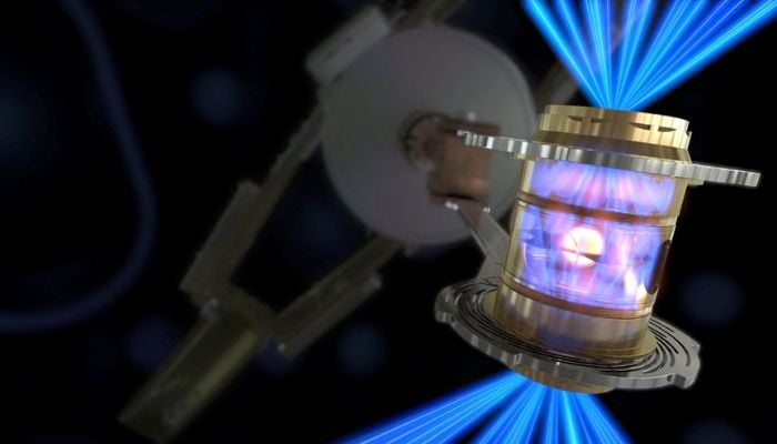 National Ignition Facility’s laser energy is converted into x-rays inside the hohlraum, which then compress a fuel capsule until it implodes, creating a high-temperature, high-pressure plasma in an undated photograph at Lawrence Livermore National Laboratory federal research facility in Livermore, California, US. —Reuters