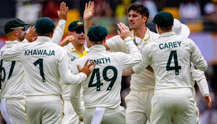 Australia´s Pat Cummins (centre R) celebrates with teammates after taking the wicket of South — AFP