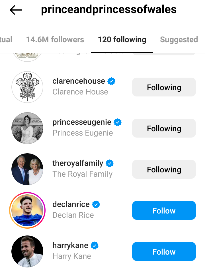 Prince William and Kate start following Harry Kane and Declan Rice