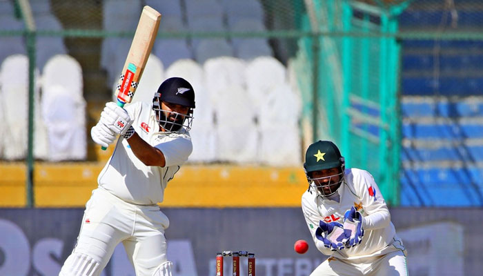 New Zealands Ajaz Patel plays a shot. — PCB