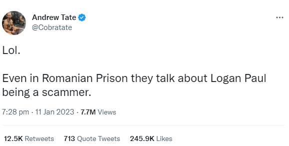 Andrew Tate’s war of words with Logan Paul on Twitter from Romanian prison