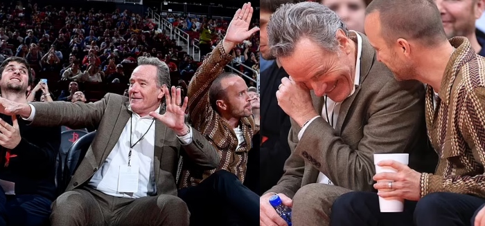 Breaking Bad stars Bryan Cranston and Aaron Paul indulge in shenanigans at the NBA game