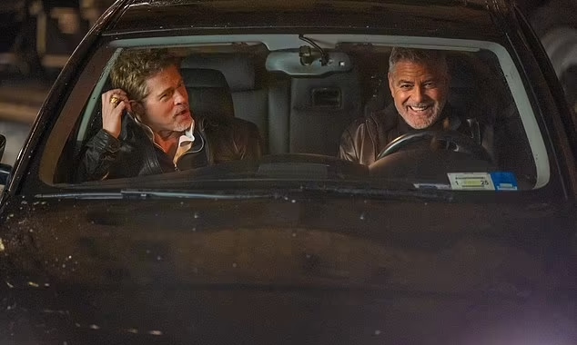 Brad Pitt looks dapper in black leather jacket as he joins George Clooney on ‘Wolves’ set