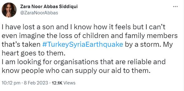 Zara Noor Abbas expresses her wish to help victims affected in Turkey-Syria earthquake