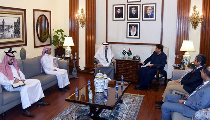 Saudi Arabias Ambassador to Pakistan Nawaf bin Said Al-Malki in a meeting with Sindh Chief Minister Syed Murad Shah in Karachi on Thursday. Radio Pakistan.