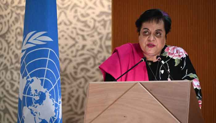 Pakistan Tehreek-e-Insaf (PTI) leader Shireen Mazari delivers a speech during a session of the UN Human Rights Council in Geneva on February 28, 2022. — AFP/File