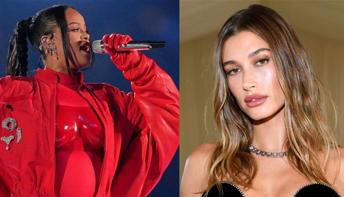 Hailey Bieber reacts to Rihanna performing at Super Bowl Half-time show