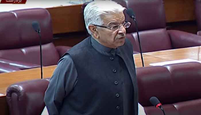 Defence Minister Khawaja Asif speaking in the National Assembly. —Screengrab/GeoNews