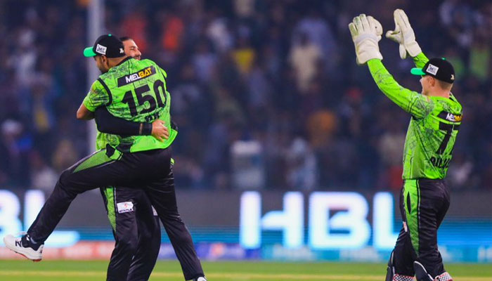 Lahore Qalandars celebrate during the 16th match of the eighth edition of the Pakistan Super League played in the Gaddafi Stadium in Lahore on February 27, 2023. — PSL