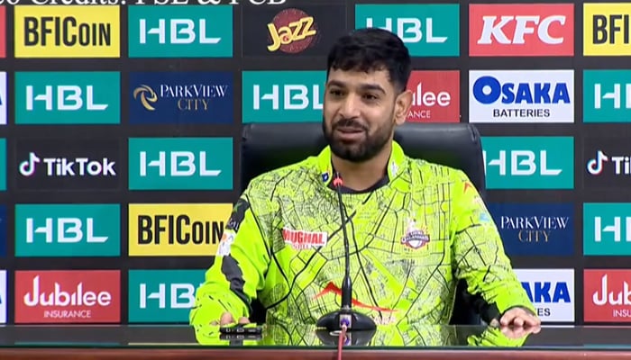 Screengrab of Lahore Qalandars Haris Rauf speaking at the post-match press conference. — Twitter/@_FaridKhan