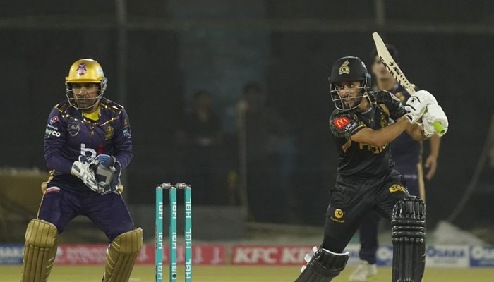 Quetta Gladiators captain Sarfaraz Ahmed (left) and Peshawar Zalmi batter Mohammad Haris (right) photographed during the ninth match of the Pakistan Super League (PSL) at the National Bank Cricket Arena in Karachi, on February 20, 2023. — PSL