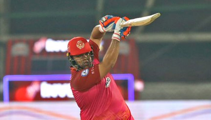 Islamabad United batter Azam Khan hits a shot during the 13th match of the Pakistan Super League (PSL) between Islamabad United and Quetta Gladiators on February 24, 2023. — PSL