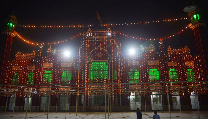 An illuminated view of a mosque with colourful lights in connection with Shab-e-Baraat at Garhi Shahu area of Lahore. — Online/File