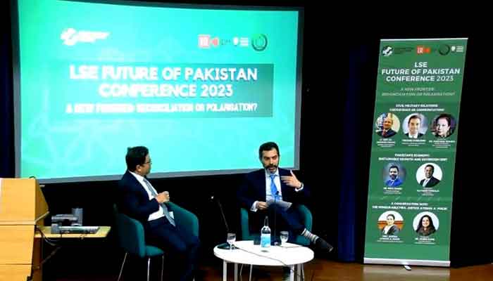 Ex-SBP chief Reza Baqir speaks at the Future of Pakistan Conference 2023 in London. — pictures provided by reporter