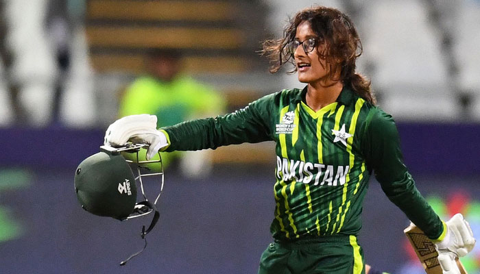 Muneeba Ali celebrates after scoring a century (100 runs) during the Group B T20 women´s World Cup cricket match between Pakistan and Ireland at Newlands Stadium in Cape Town on February 15, 2023.— AFP