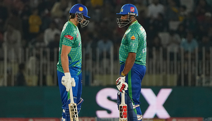 Multan Sultans Usman Khan (right) and Rilee Rossouw in action during a Pakistan Super League match against Quetta Gladiators in Rawalpindi, on March 11, 2023. — PSL