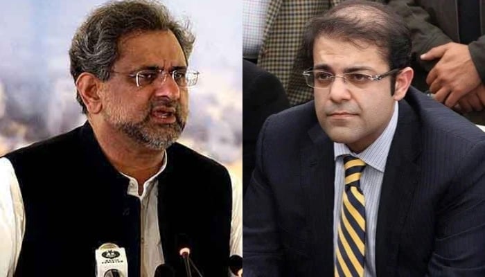 Former prime minister and Pakistan Muslim League-Nawaz (PML-N) leader Shahid Khaqan Abbasi (left) and Suleman Shahbaz, son of Prime Minister Shahbaz Sharif. — APP/AFP