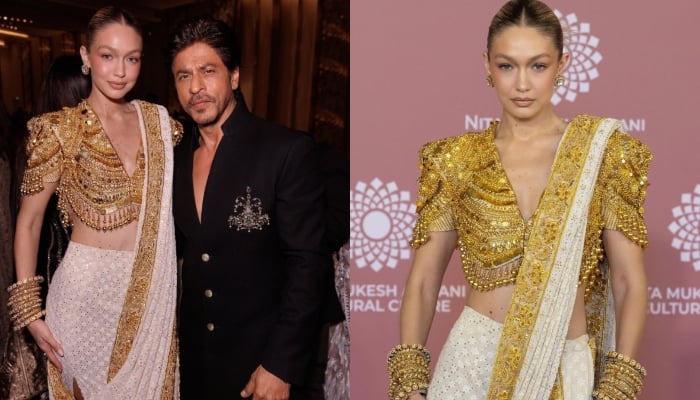 Gigi Hadid strikes a pose with Shah Rukh Khan at NMACC gala in Mumbai