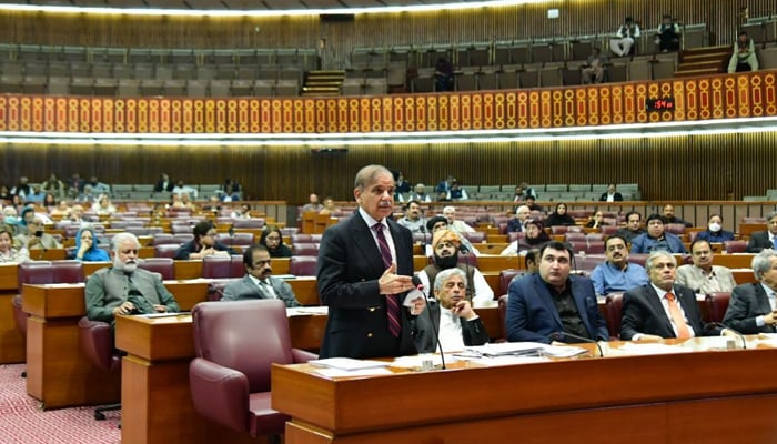 Prime Minister Shehbaz Sharif speaks during a National Assembly session in Islamabad, on April 3, 2023. — APP