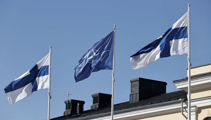 Finnish and Nato flags flutter at the courtyard of the Foreign Ministry, ahead of Finlands accession to NATO, in Helsinki, Finland, April 4, 2023.— Reuters