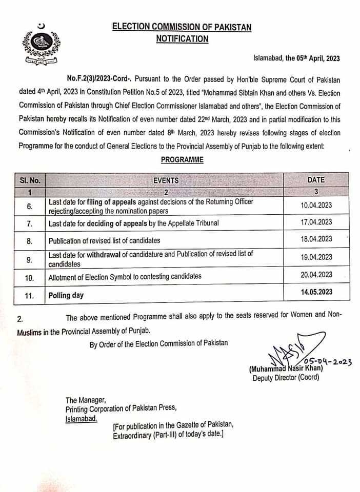 After SC ruling, ECP announces polls in Punjab on May 14