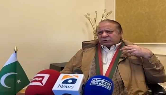 PML-N supremo Nawaz Sharif speaks to journalists in London, on April 4, 2023, in this still taken from a video. — Twitter/PML-N