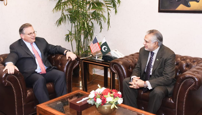 US Ambassador to Pakistan Donald Blome (left) meets Finance Minister Ishaq Dar in Islamabad, on April 6, 2023. — Finance ministry