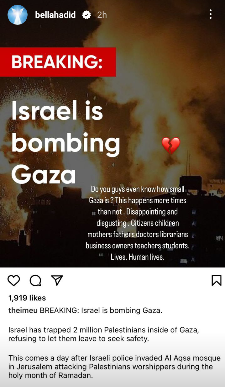 Bella Hadid condemns Israeli attack on Gaza