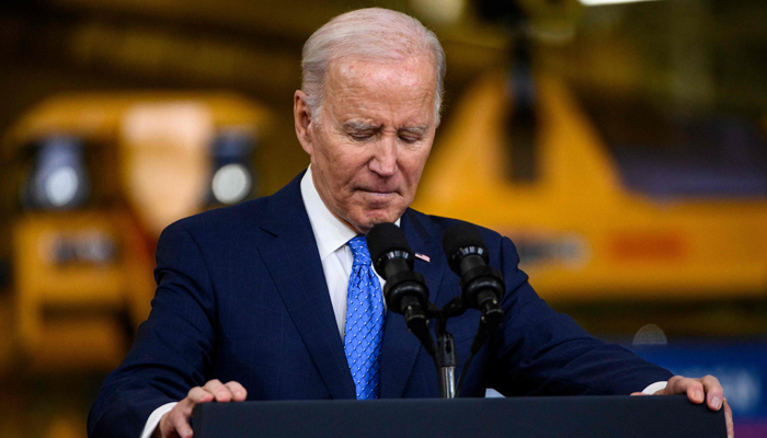 US President Joe Biden speaks during a visit to the Cummins Power Generation facility on April 3, 2023, in Fridley, Minnesota. — AFP