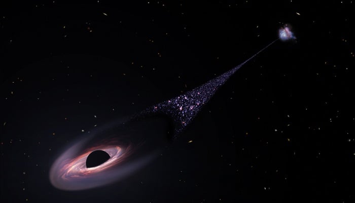 This is an artists impression of a runaway supermassive black hole that was ejected from its host galaxy as a result of a tussle between it and two other black holes. As the black hole plows through intergalactic space it compresses tenuous gas in front of it.. — NASA, ESA