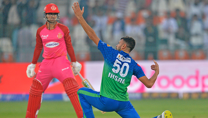 Multan Sultans Ihsanullah (right) celebrates after the dismissal of Islamabad Uniteds Abrar Ahmed (left) during the PSL 8 match between Multan Sultans and Islamabad United at the Multan Cricket Stadium in Multan on February 19. — AFP