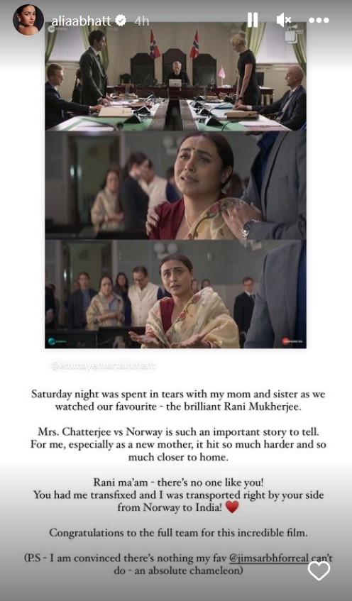 Alia Bhatt writes review after watching Ranis Mrs. Chatterjee vs Norway