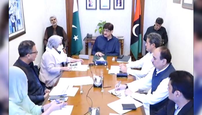 Sindh Chief Minister Syed Murad Ali Shah presides over a meeting regarding Plasma Fractionation Plan here at CM House in Karachi on April 14, 2023. — Twitter/@SindhCMHouse