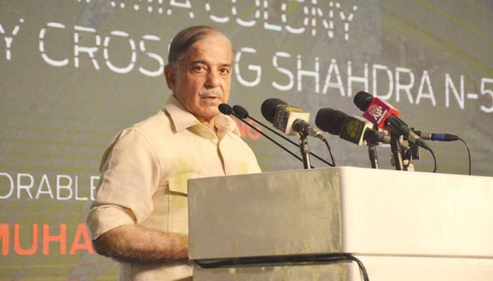 Prime Minister Shehbaz Sharif addresses a ceremony in Lahore, on April 15, 2023. — PID