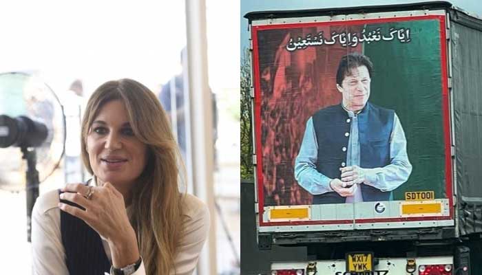 Jemima Khan (left) and photos of PTI chief Imran Khans painting she spotted on a lorry. — AFP/Twitter/@Jemima_Khan